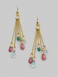 A tailored tassel of 24k gold chains with dangling briolette drops of semi-precious stones. Aquamarine, golden citrine, peridot, pink tourmaline and quartz 24k yellow gold Drop, about 2¾ Ear wire Imported