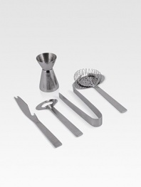 A convenient set of five essential bar tools in stainless steel makes mixing a breeze. From the Placid Collection Set includes tongs, strainer, opener, knife and jigger Hand wash Imported