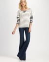 Muted and bold stripes converge on this effortless terry topper for a look of layered chic.ScoopneckDropped shouldersThree-quarter raglan sleevesRoll-back cuffsAbout 25 from shoulder to hem70% cotton/30% modalMachine washImportedModel shown is 5'9½ (176cm) wearing US size Small.