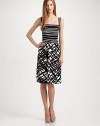 EXCLUSIVELY AT SAKS.COM Cool stretch cotton design pairs two eye-catching patterns: a rib-knit striped bodice and bold, graphic-grid skirt.Square neckline Self belt with covered buckle Shirred waist Concealed back zip Fully lined About 26 from natural waist 97% cotton/3% spandex Dry clean Made in USA of imported fabricOUR FIT MODEL RECOMMENDS ordering true size. 