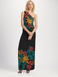 Lush florals highlight this stunning one shoulder silhouette of luxe jersey.Single shoulderDropped waistSide zipperPleats at back skirtAbout 41 from natural waist70% viscose/30% lyocellDry cleanImportedModel shown is 5'9½ (177cm) wearing US size 4.