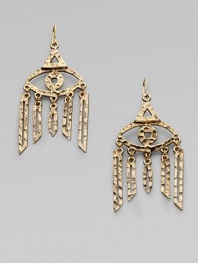 Textured 14k goldplated evil eyes are suspended above rows of geometrical fringe.14k goldplated Length, about 2 Width, about 1 Ear wire Made in USA