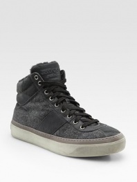 High-top lace-up trainers are crafted in a substantial wool/cashmere flannel with soft shearling lining for a warm, winter-ready fit. Leather lining Rubber sole Made in Italy 
