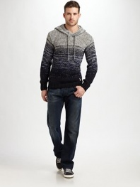 Rich melange yarn fades from light to dark in a chunky pullover with an attached hood.Drawstring hood with ribbed edging Long sleeves with ribbed cuffs Ribbed hem 41% acrylic/34% alpaca/17% wool/8% cotton Dry clean Imported