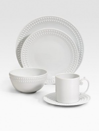 An elegantly detailed place setting is made entirely by hand in fine Limoges porcelain with a raised pearl border. Set includes dinner plate, dessert plate, cereal bowl, saucer and mug. From the Perlee White Collection Porcelain Dinner plate, 10½ diam. Dessert plate, 8¾ diam. Cereal bowl, 3H X 5½ diam. Saucer, 6½ diam. Mug, 3½H X 4¾ diam. Dishwasher safe Imported 