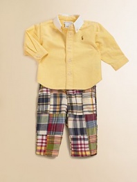 A preppy set includes a versatile cotton oxford button-down shirt