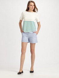 This nautical-inspired style is banded with crisp, colorful stripes.BoatneckShort sleevesRounded hemline87% cotton/13% acrylicDry cleanMade in USA of imported fabricModel shown is 5'10 (177cm) wearing US size 4. 