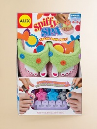 A complete pedicure and slipper decorating kit is the perfect addition to a slumber party. For her pedicure: 3 bottles of kid-friendly nail polish (.23fl oz), 2 toe separators, over 100 nail stickers and a nail file. Decorate a pair of slippers with precut felt shapes that slip on over buttons. Small slipper fits most kids ages 6-8; large fits most kids ages 8-10 Suitable for ages 6 and up Overall, 7½W X 12H X 2½D Imported