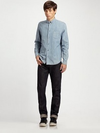 Pinstriped chambray is tailored oxford-style with a button-down collar.ButtonfrontChest patch pocketCottonMachine washImported