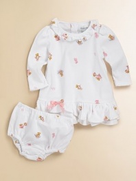 An ultra-soft, dainty ruffled dress gets a pretty update with ballerina bear print and a sweet bow.Crew neckline with rufflesLong puffed sleevesBack button closureBloomer in complementary print with elastic waist and leg openingsTwo-tiered ruffled hem with bow tieCottonMachine washImported