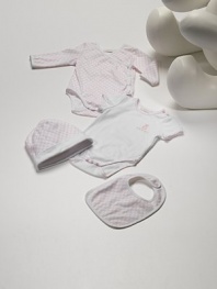 Style starts early with this soft cotton quartet, including two bodysuits, a bib and cap.Short sleeve bodysuit with embroidered teddy bear, snap shoulder and bottom snaps Long sleeve double-G print bodysuit with side and bottom snaps Double-G print bib with back snap closure Double-G print cap with contrast cuff Cotton; machine wash Made in Italy