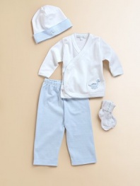 The perfect take-home set in ultra-soft cotton, embroidered with an adorable dinosaur.Hat with scalloped trimWrap-front long sleeved tee with scalloped trim and snap closuresElastic waist pantsCuffed socksMachine washCottonImported