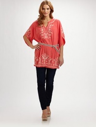 EXCLUSIVELY AT SAKS.COM Delicate floral embroidery turns a simple, t-shirt soft knit tunic into a striking fashion statement.Band neckline with notched VElbow-length, wide, draped raglan sleevesD-ring belt with zigzag embroideryPullover stylingRolled hemAbout 33 from shoulder to hemCottonImportedMachine wash