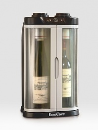 Chills and preserves opened wine up to ten days! Just place an uncorked bottle inside, close the door, slide EuroCave's patented vacuum cylinder over the bottle neck, and set the desired temperature. No stoppers, pumps, or gases required.