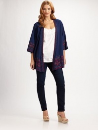 EXCLUSIVELY AT SAKS.COM Both simple and elegant, this t-shirt soft knit with beautiful borders of bright embroidery works as both an easy cardigan and a stunning jacket.Embroidered band neckline eases into open frontElbow-length kimono sleevesAbout 36 from shoulder to hemCottonImportedMachine wash
