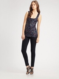 Luxe glittering sequins lend an ethereal touch to this easy tank silhouette.Scoopneck Sleeveless Pullover style About 29½ from shoulder to hem Self: 94% rayon/6% spandex; trim: viscose Dry clean Made in USA of imported fabric