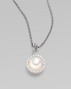 From the Cable Pearl Wrap Collection. A pretty pearl pendant surrounded by radiant pavé diamonds, dangles on a box chain with classy elegance. 10½mm white freshwater pearl Diamonds, 0.24 tcw Sterling silver Chain length, about 17 Lobster clasp Imported