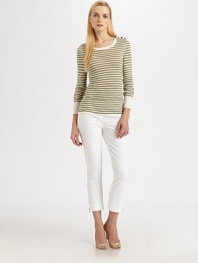 A lightweight linen blend sweater featuring nautical-inspired stripes and button details. Round neckLong sleevesButton details on shoulderSolid, ribbed trimPull-on styleAbout 25 from shoulder to hem45% linen/33% viscose/22% polyamideHand washImported of Italian fabric Model shown is 5'11 (180cm) wearing US size Small. 