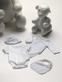 Style starts early with this soft cotton quartet, including two bodysuits, a bib and cap.Short sleeve bodysuit with embroidered teddy bear, snap shoulder and bottom snaps Long sleeve double-G print bodysuit with side and bottom snaps Double-G print bib with back snap closure Double-G print cap with contrast cuff Cotton; machine wash Made in Italy