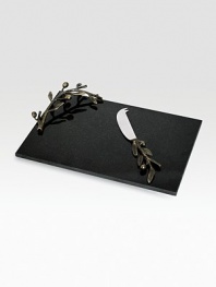Symbolizing peace and harmony, the olive branch and its shapely leaves gracefully accent a simple slab of rich black granite and form the handle of the matching knife. From the Olive Branch CollectionGranite, oxidized bronze and stainless steel8½W X 12½L; knife 8LHand washImported