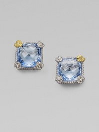 A radiantly cushioned blue quartz cushion is cradled in a sterling silver setting, with heart-shaped prongs, one of yellow gold with a diamond accent. Diamonds, 0.008 tcw Blue quartz Sterling silver and 18k yellow gold About ½ square Post back Made in USA Please note: Stone color may vary.