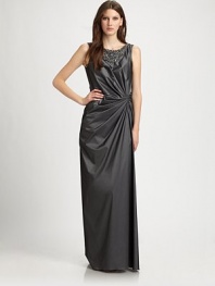 Lustrous taffeta, artfully draped and embellished with a jeweled neckline.Jewel necklineSleevelessJeweled front detailSide gathersRuched backConcealed back zipFully linedAbout 48 from natural waist92% polyester/8% spandexDry cleanImportedModel shown is 5'10½ (179cm) wearing US size 4. 