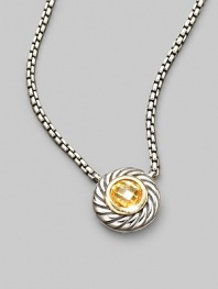 From the Color Classic Collection. A swirled sterling silver cookie pendant, with a faceted center of glowing citrine, on a bold box chain. Citrine Sterling silver Chain length, about 16 Pendant diameter, about ½ Lobster clasp Imported