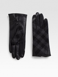 Cold weather essential revamped with buttery soft leather palms and classic check in tweed on top. About 9 long Cashmere lining Palm; leather, outer; wool Imported 