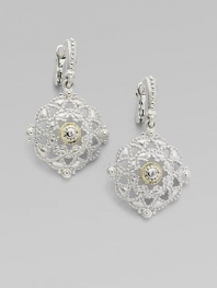 From the Windsor Collection. Antique-inspired shields of white pavé sapphires, sterling silver and 18k yellow gold drop from the ears with vintage elegance. White sapphires Sterling silver and 18k yellow gold Drop, about 1¼ Length, about 1 Width, about ¾ Post and hinge back Imported 