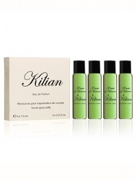 Inspired by Absinth, bittersweet nectar of poets. A travel spray for men and women. A magnetic object, literally. A monolith engraved with the Achilles' shield, signature of L'Oeuvre noire collection. As always, the travel spray is refillable, to travel with your favorite Kilian fragrance. A set with 4 refills, 0.25 oz. each. 