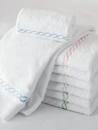 Plush, soft, luxurious Egyptian cotton, with a graceful embroidered chain border.13L X 13W Cotton Machine wash Made in USA