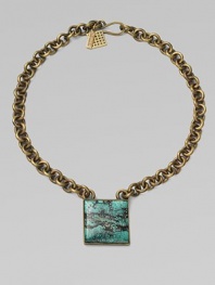 An antique-inspired piece with modern appeal featuring a square pendant of turquoise on a link chain. TurquoiseBrassLength, about 20Pendant size, about ¾Hook clasp closureMade in USA