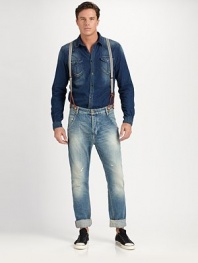 Heritage-inspired denim comes to life in this carpenter-fit silhouette with railroad stripe detailing, finished in a distressed, highly-faded wash.Detachable suspendersInseam, about 34CottonMachine washImported