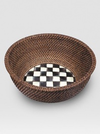 An inviting mix of handwoven, natural rattan and glazed enamelware, handpainted with high-contrast checks and subtle jeweltones. Enamelware backed in lightweight, lasting steel Bronzed stainless steel rim 5¾H X 12 diam. Imported