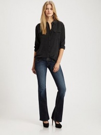 Medium wash classic bootcut fit in stretch cotton denim with light whiskering and fading and back flap pockets for a curvier silhouette.THE FITEasy fit through hips and thighs Slight flare from knee to hem Rise, about 8 Inseam, about 32 THE DETAILSWide waistband with two-button closure Zip fly Five-pocket style Button-flap back pockets Cotton/elastene; machine wash Made in USA