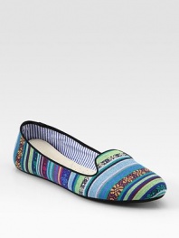 Resilient linen flat in allover multicolored stripes. Linen upperLeather lining and solePadded insoleImportedOUR FIT MODEL RECOMMENDS ordering one half size up as this style runs small. 