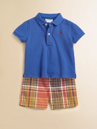 This preppy set combines a cotton polo knit with a traditional madras short and matching belt for a perfectly cute ensemble.Shirt collarShort sleevesFront buttonEven vented hemButton closureWaistband with belt loopsZip flyAngled hand pocketsButtoned back welt pocketCottonMachine washImported Please note: Number of buttons may vary depending on size ordered. 