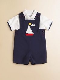 Set sail on this sporty shortall with button shoulders and waist, plus a handsome boat appliqué.SquareneckSleevelessButton shouldersBottom snapsWaistband buttonsCotton/polyesterMachine washImported Please note: Number of buttons/snaps may vary depending on size ordered. 