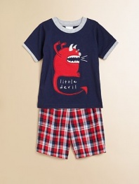This devilish little set isn't complete without an intimidating graphic and matching plaid shorts. Tee CrewneckShort sleevesDevil appliquéCottonImported of domestic fabric Shorts Elastic waistbandTwo front side pocketsCottonMachine washImportedAdditional InformationKid's Apparel Size Guide 