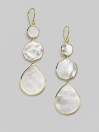 From the Slice Collection. Transparent quartz is infused over luminescent slices of mother-of-pearl in this exquisite drop design. Clear quartz and white mother-of-pearl 18k gold Drop about 3 Width, about 1 Ear wire Imported 