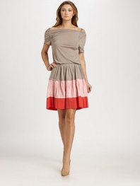 A colorful tiered skirt and dramatic open-back drawstring closures add drama to this sweet cotton silhouette.Off-the-shoulder neckline with ribbon shoulder strapsShort sleevesTiered skirtBack cutouts with keyhole drawstring closuresAbout 19½ from natural waistCottonDry cleanMade in France of imported fabricModel shown is 5'11 (180cm) wearing US size 4. 