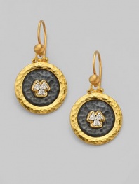 From the Imperial Collection. Hand-hammered, 24k yellow gold and silver plates are affixed with a radiant trio of sparkling pavé diamonds. Diamonds, 0.15 tcw 24k yellow gold and silvertone Drop, about 1¼ Width, about ¾ Ear wire Imported 