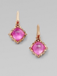 From the Superstud Collection. A faceted dome of pretty pink sapphire quartz is layered over mother-of-pearl, creating richness and depth in these dazzling earrings that sit in a spiky zigzag setting and hang from a sword-shaped drop.Pink sapphire quartz and white mother-of-pearlRose goldplated sterling silverLength, about 114k gold post backImported