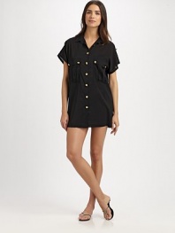 Gold buttons add an elegant touch to this tailored coverup. Button-front styleShort sleevesFront patch pockets95% polyester/5% spandexHand washImported