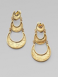 A lustrous piece with graduated textured crescents. 14k goldplated white metal alloy Drop, about 3 Clip back Made in USA 