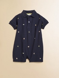 He'll be cute as a button and in shipshape in this handsome, nautical-inspired one-piece knit.Point collarShort sleevesFront buttonsBottom snaps for easy on and offCottonMachine washImported Please note: Numbers of buttons and snaps may vary depending on size ordered. 