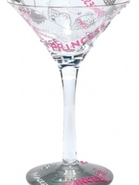Pink and white graffiti spells modern-day royalty on this fabulous hand-painted martini glass. Pamper yourself in your own pad with the Princess-tini cocktail, the unique recipe found on the bottom of the glass.