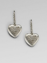 From the Cable Heart Collection. Graceful hearts, encrusted with pavé diamonds, drop from sterling silver cables. Diamonds, 1.1 tcw Sterling silver Drop, about ½ Ear wire Imported
