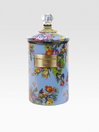 A garden-fresh lidded canister makes a cheery kitchen container or home organizer, crafted in hand-glazed and -decorated steel with bright florals, bronze hardware and a clear acrylic knob. Enameled steel 64-ounce capacity 9¾H X 5 diam. Dishwasher safe Imported 