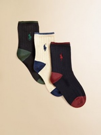 Three-pack of ribbed dress socks with contrast color tipping at cuff, pony, heel and toe. Each 3-pack includes black with green, white with blue, navy with red.Dress-style to wear with slacks70% cotton/26% polyester/4% spandexMachine washImported